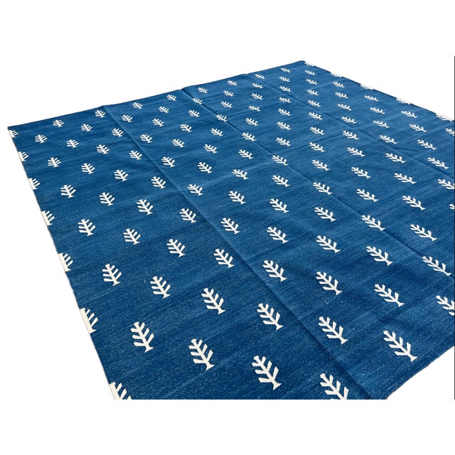 Textile Not Yet Made - Made To Order Handmade Cotton Rug Vegetable Dyed Indigo Blue and White Tree Pattern Dhurrie - 10'x14' For Sale - Image 7 of 11