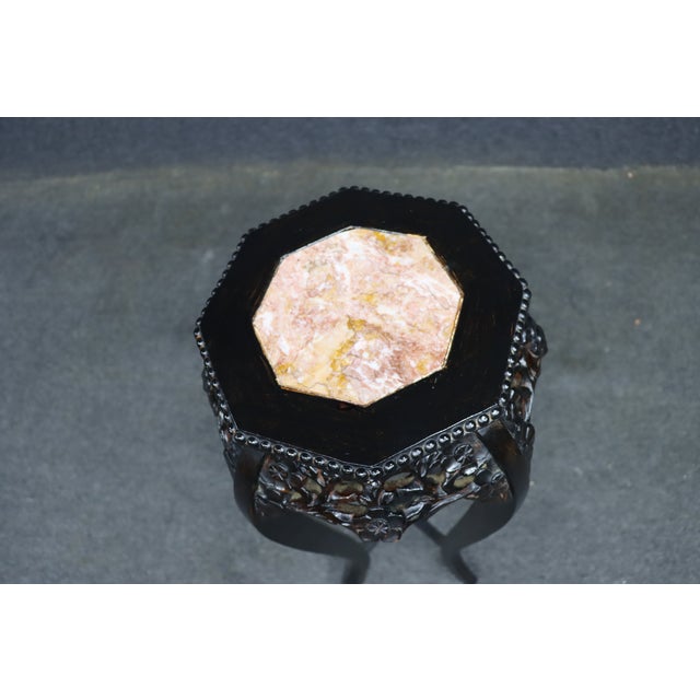 Early 20th Century Chinese Carved Hardwood Plant Stand With Pink Marble Top For Sale - Image 5 of 9