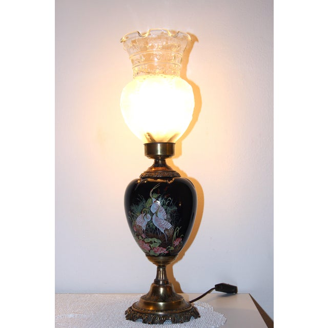 Cobalt Blue Ceramic and Brass Buffet Lamps with Satin Glass Shades, 1960s, Set of 2 For Sale - Image 4 of 12