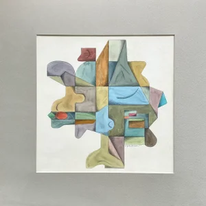 1977 Postmodernist “Abstract #1” Watercolor on Paper by Ej Hartmann, Signed (Matted)