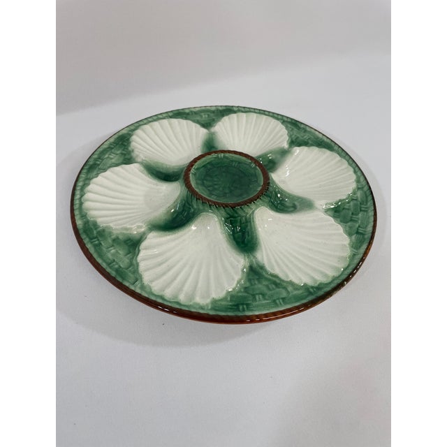 Longchamp 1920s Antique French Longchamp Majolica Green and White Oyster Plate For Sale - Image 4 of 13