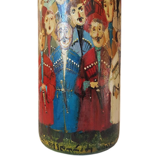 Glass Large Hand-Painted Georgian Cossack Choir Folk Art Bottle on Soviet Glass Base, 2005 For Sale - Image 7 of 9