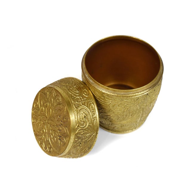 Mid 20th Century Vintage Mid 20th Century Small Solid Brass Floral Design Lidded Canister Jar Urn For Sale - Image 5 of 7