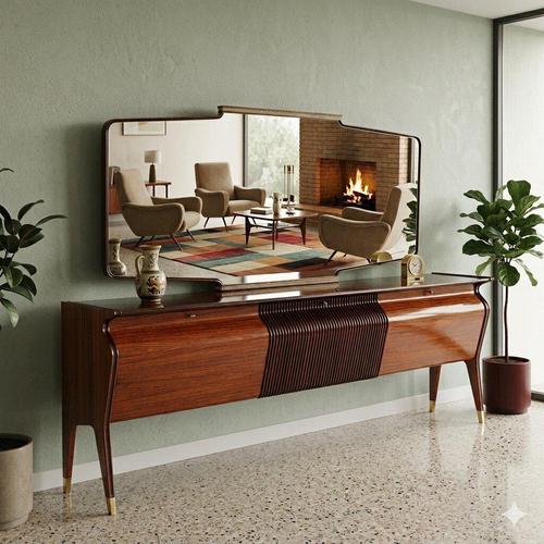 Buffet with mirror and drop-down doors. Made of exotic wood veneer with a polyester finish, a grained front, a back-...