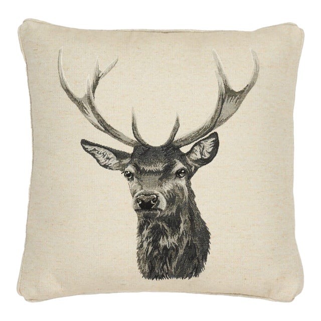 Country Linen Stag Piped Tapestry Cushion With Feather Filler - 45x45cm (18"x18") For Sale