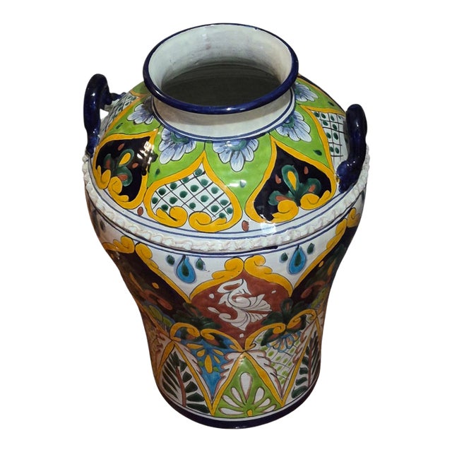 Tall Colorful Hand Painted Mexican Pottery Talavera Floor Vase Jug 19'' High For Sale