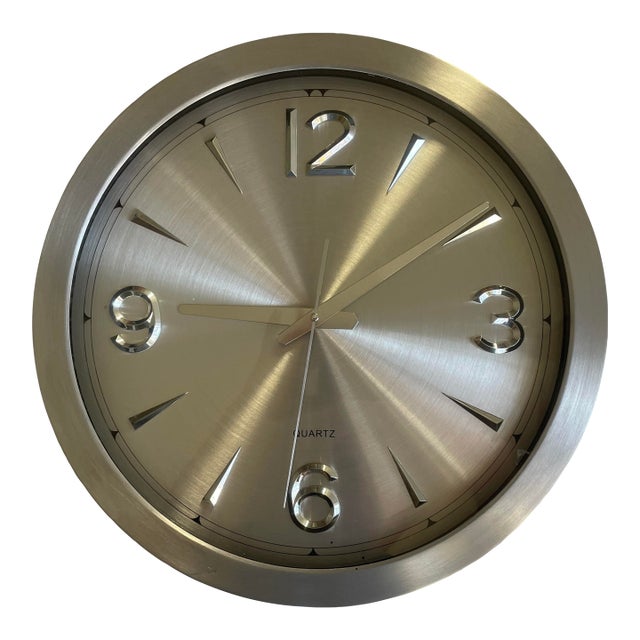Technoline 12" Architectural Brushed Aluminum Wall Clock | Mid-Century Modern Revival For Sale