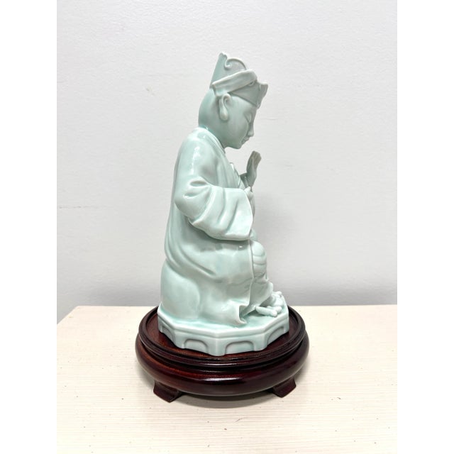 Andrea by Sadek Blue Porcelain Buddha Figurine on Stand For Sale - Image 4 of 11