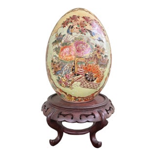 Large Chinese Hand-Painted Porcelain Decorative Egg With Carved Wood Stand, 14.5”h For Sale