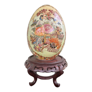 Large Chinese Hand-Painted Porcelain Decorative Egg With Carved Wood Stand, 14.5”h
