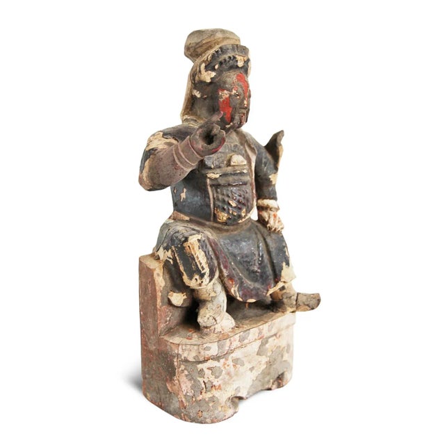 Antique wood Guan Gong Guan Yu warrior figure seated on a throne. Originally part of an architectural decoration. Details...