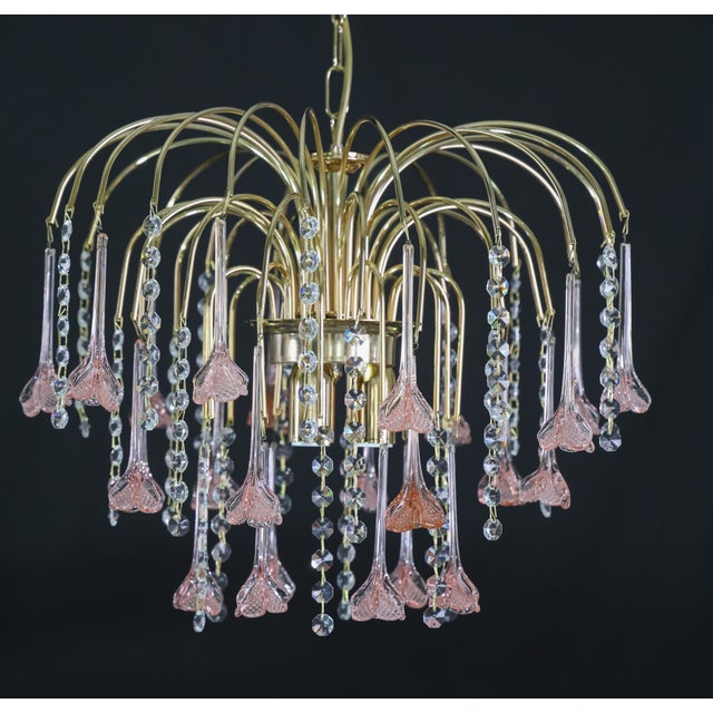 1980s Meryl Streep, Pink Murano Flowers and Crystal Drops Chandelier - Set of 2 For Sale - Image 9 of 16