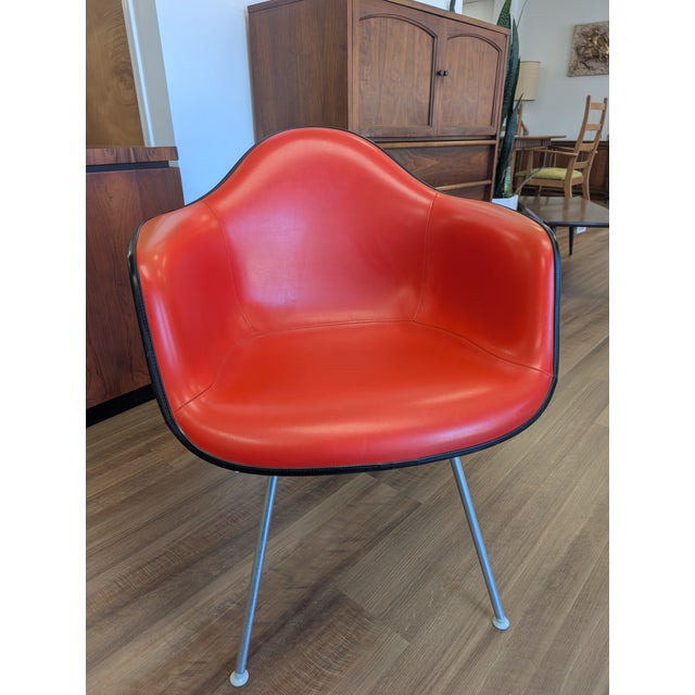 1970s Pair of Red Eames Herman Miller Padded Arm Shell Chairs For Sale - Image 11 of 16
