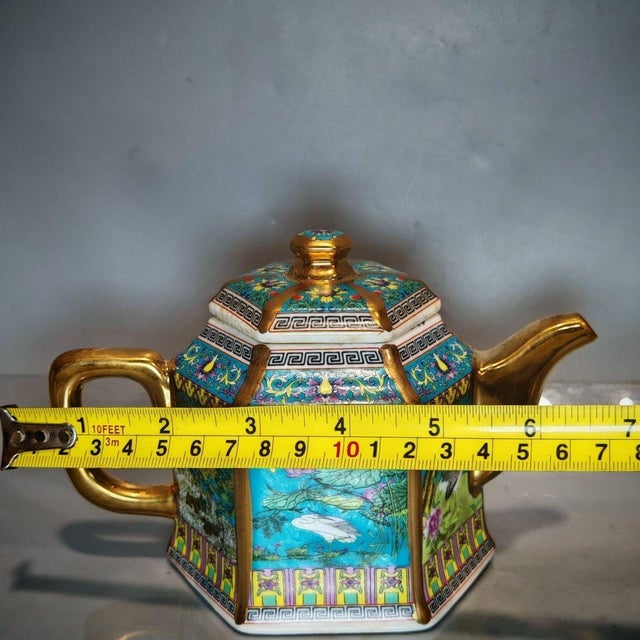 Hexagonal Famille Rose Gilded Porcelain Teapot, Chinoiserie Decor Tea Vessel For Sale - Image 9 of 9
