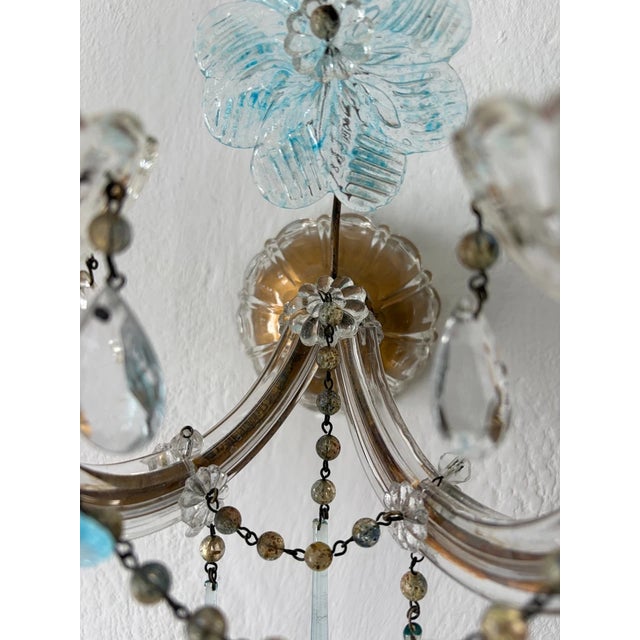 C 1930 Aqua Blue Murano Flowers & Drops Crystal Prisms Sconces One of a Kind For Sale - Image 10 of 11