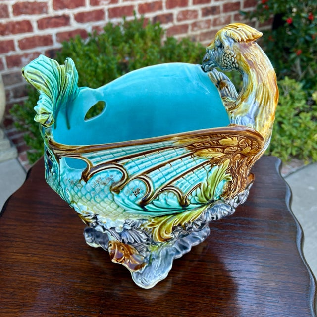 Antique French Majolica Onnaing Cache Pot Planter Bowl Jardiniere Phoenix Bird For Sale - Image 9 of 12