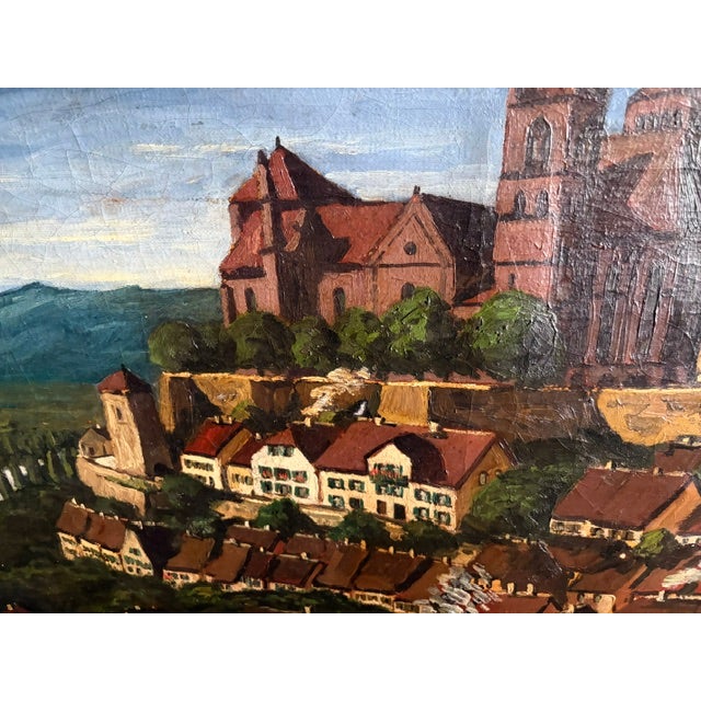 Early 20th Century Antique Oil on Canvas - Baden Wurtennberg Germany - Cityscape of Alt - Breisach - St. Stephen Munster Cathedral - Rhine River For Sale - Image 5 of 9