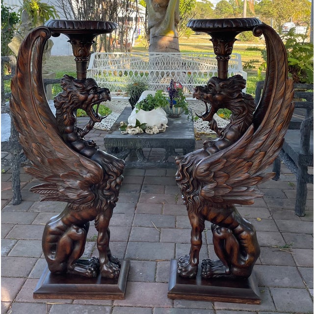 Gothic 19th Century Rare Monumental Pair of Hand-Carved Griffin Pedestal Stands in Dark Wood For Sale - Image 3 of 12