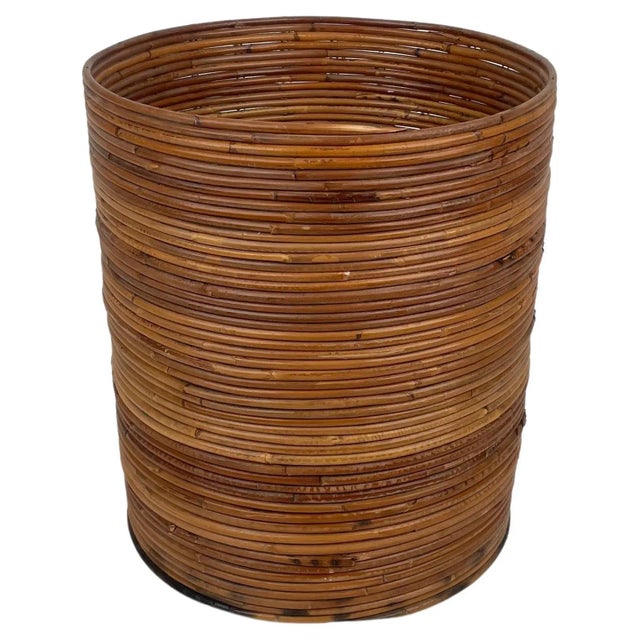 Italian Rattan and Bamboo Round Basket Plant Holder Vase, 1960s For Sale - Image 14 of 14
