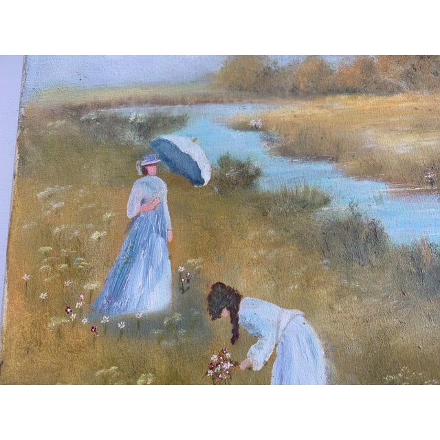 Canvas painting impressionism. Women in the meadow with an umbrella collecting flowers the artist's signature is hardly...