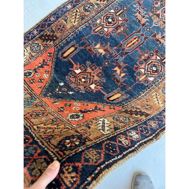 Name: COLLECTOR'S Antique NW Persian Bakshayesh Runner | Camel, Indigo, Coral Wool Foundation Size: 3.2 x 7.10 Age:...