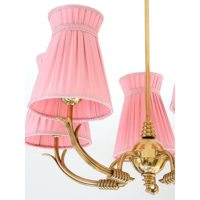 Mid-Century Modern Vintage Swedish Five-Arm Brass Chandelier with Pink Shades, 1940s For Sale - Image 3 of 13