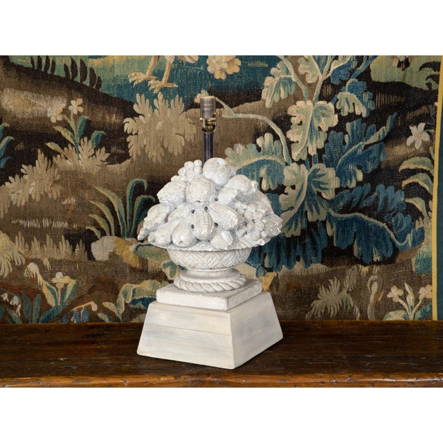 Mid 20th Century French 1940s Carved Stone Table Lamp Depicting a Fruit Bowl on Pedestal For Sale - Image 5 of 10