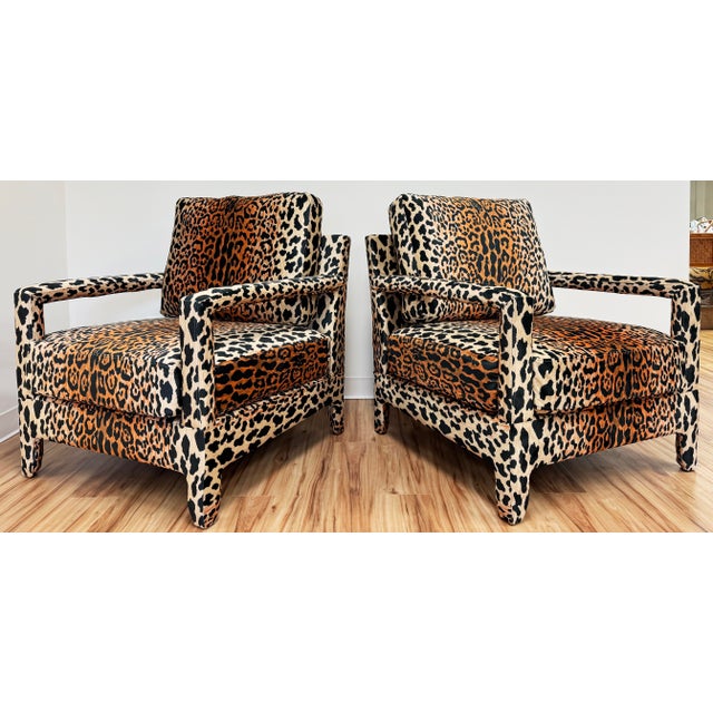 Stylish parsons armchair in the style of Milo Baughman. Newly upholstered in a fun-sophisticated leopard upholstery...