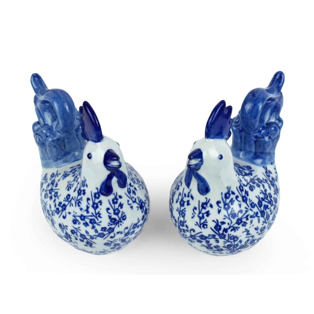 Vintage Chinoiserie Style Blue and White Porcelain Rooster Figurines With Floral Motif - 2 Pieces For Sale - Image 4 of 7