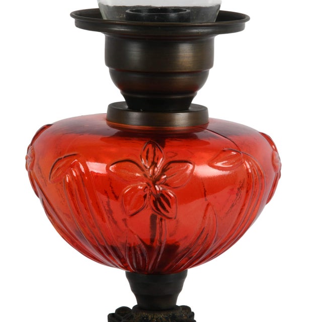 Victorian Antique Victorian Ruby Red Floral Glass Oil Lamp, Electrified Vintage Table Lamp For Sale - Image 3 of 4
