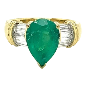Natural 3.22 Carat Pear Cut Colombian Emerald With Baguette Diamond Side Stone R, Size 7