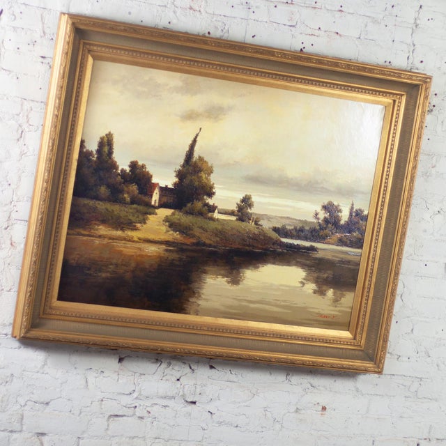 Marvelous vintage monumental oil on canvas landscape painting in an ornate gilded wood frame signed by John K. Beautiful...