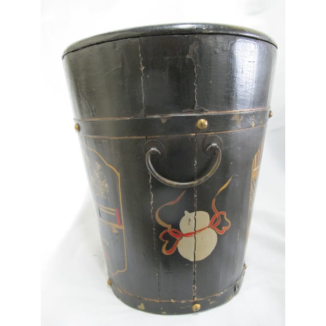 Antique Chinoiserie Chinese Hand Painted Lacquer Wood Rice Bin Box With Lid For Sale - Image 4 of 14