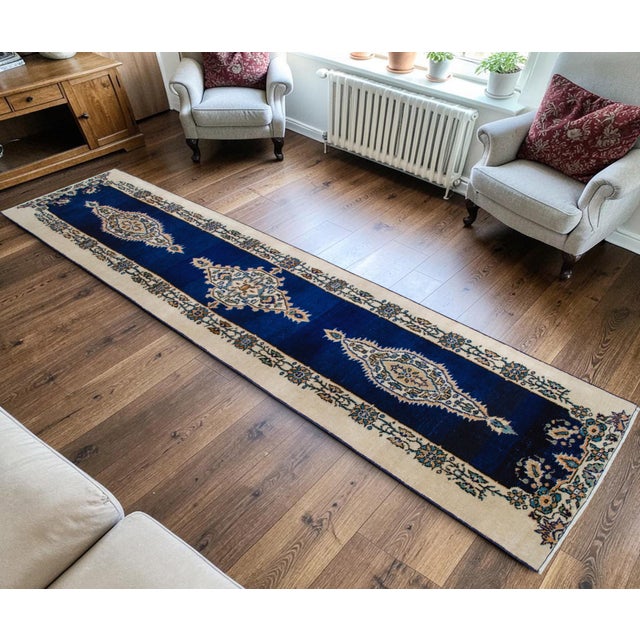 Hand-Knotted Runner Rug Navy Blue Rustik Hallway Decor Oushak Rug 3x11 Ft Approx For Sale - Image 4 of 13