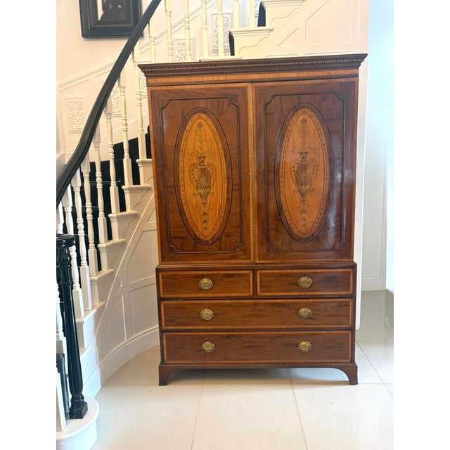 Antique Georgian Mahogany Satinwood Inlaid Linen Press Housekeepers Wardrobe, 1800 For Sale - Image 14 of 14