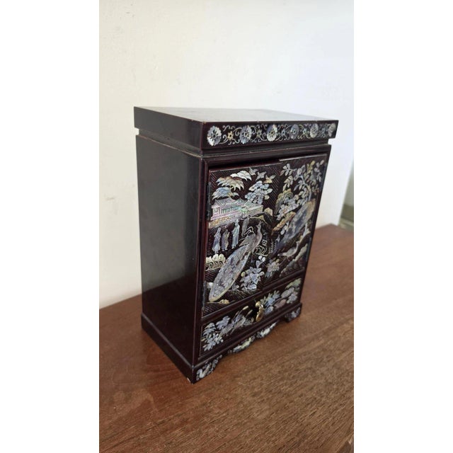 Vintage Chinese Mother of Pearl Jewelry Cabinet Lacquer Wood Inlaid Peacock Bird Miniature Chest Drawers Asian Decor For Sale - Image 4 of 12