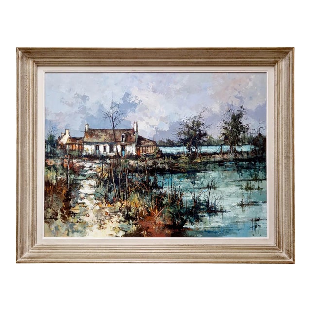 20th Century Maurice Le Cunff - Impressionist Landscape With House and Water, Oil on Canvas For Sale