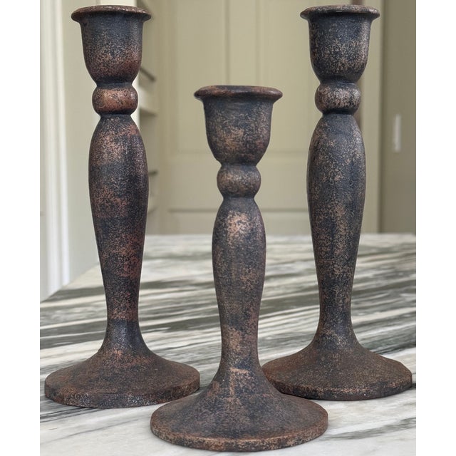 Contemporary Spanish Revival Vintage Metal Candle Stick Holders - Set of 3 For Sale - Image 3 of 15