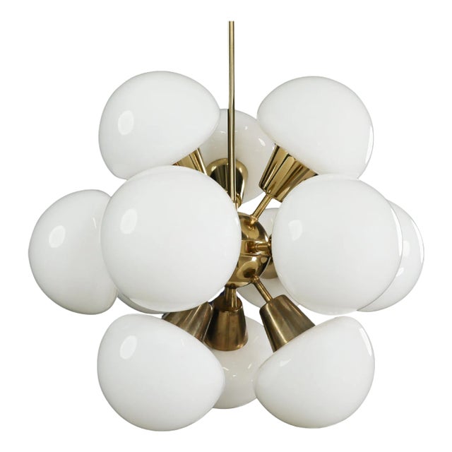 Mid-Century Modern Sputnik Chandelier in Brass and Opaline Glass, Cz, 1970s For Sale