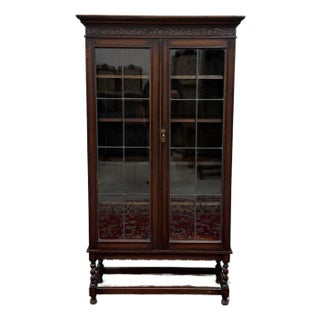 Antique English Jacobean Bookcase Bookshelf Display Cabinet Leaded Glass Oak For Sale