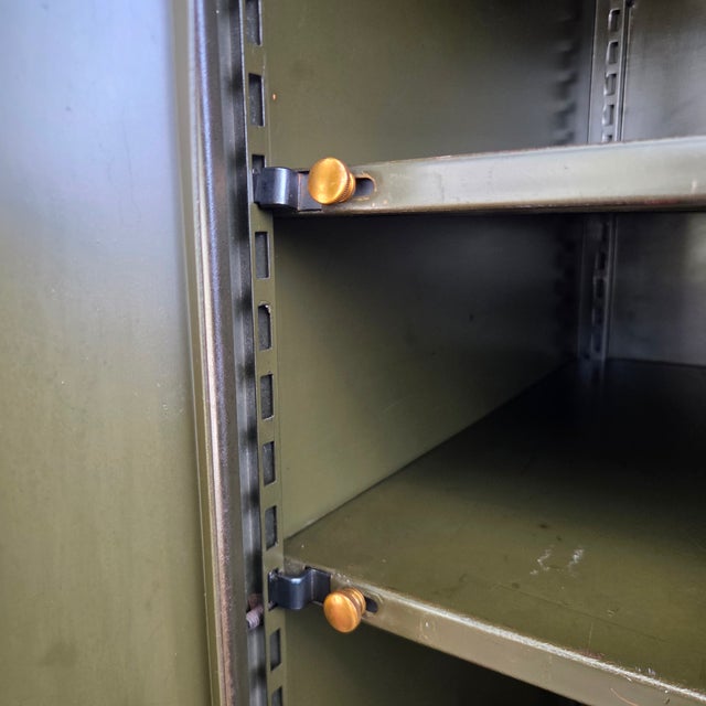 Olive Mid 20th Century WWII-Era Dark Olive-Green General Fireproofing Company All steel Supply Cabinet W/ Brass Hardware For Sale - Image 8 of 12