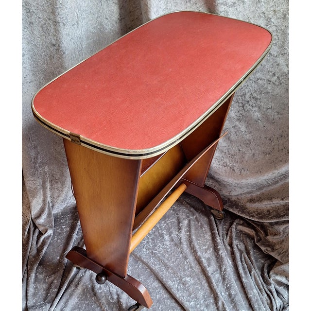 Mid-Century Modern Mid-Century Side Table with Integrated Newspaper Rack in Brown Beechwood with Red Faux Leather Top, 1960s For Sale - Image 3 of 7