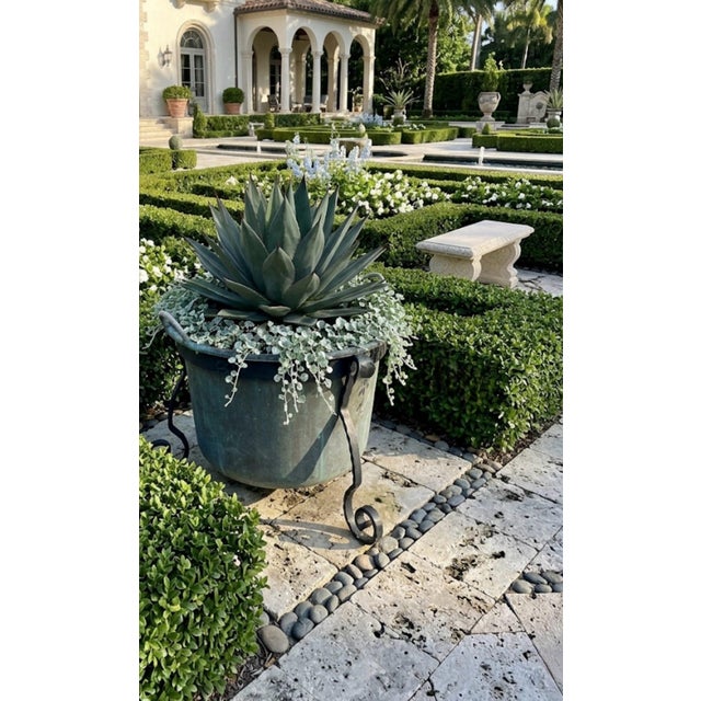 1980s Hand-Hammered Copper Planter on Wrought Iron Stand For Sale - Image 9 of 10