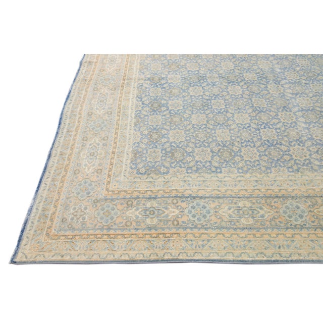 Antique Persian Tabriz Handmade Floral Pattern Blue Wool Rug For Sale - Image 4 of 11