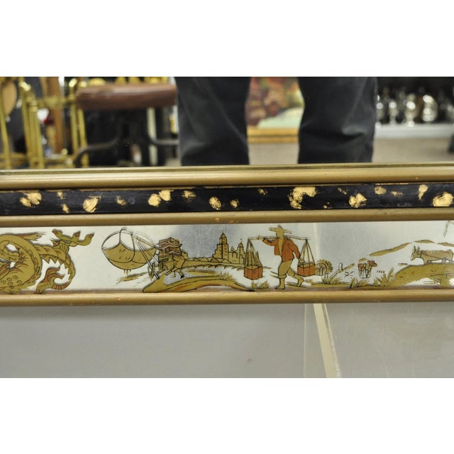 Vintage Chinoiserie Figural Eglomise Reverse Painted Oriental Wall Mirror For Sale - Image 9 of 18