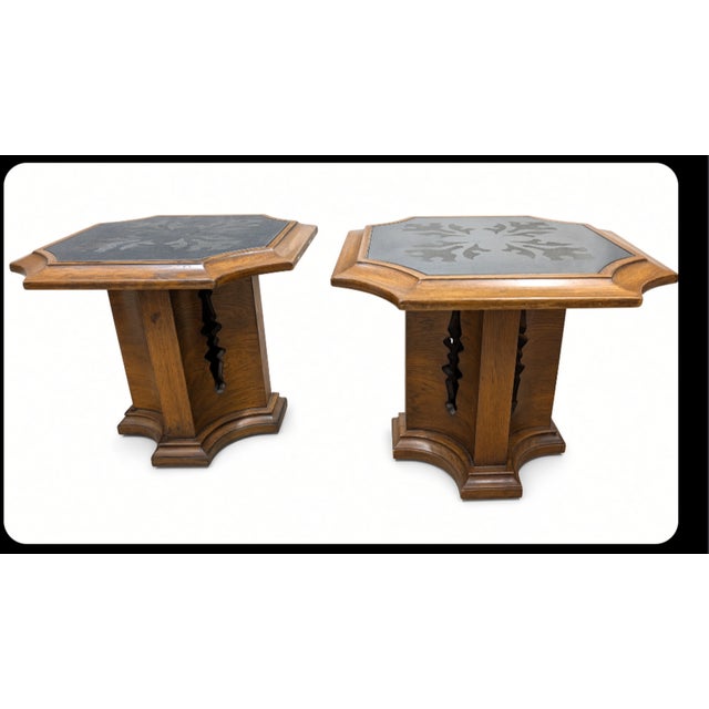Matching pair of mid-century octagonal side tables in the Drexel Esperanto style. Each has a wood-framed top with an...