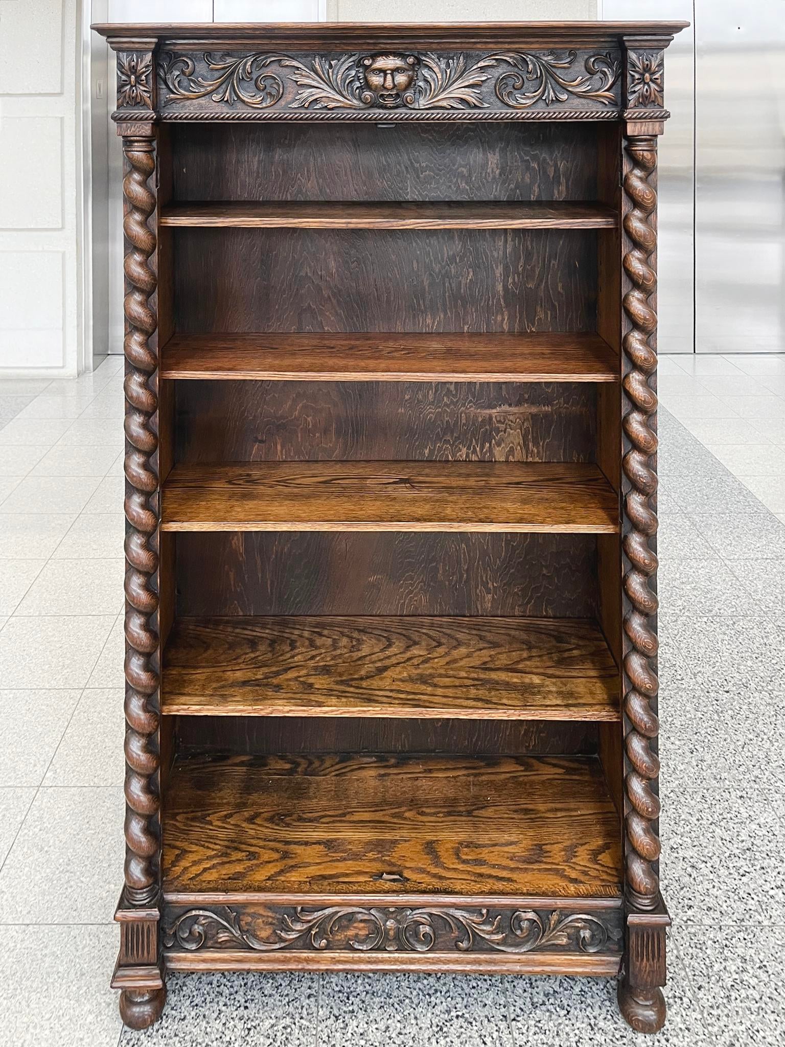 チェスト・キャビネット Antique Book open Shelf Caster 19th Century Carved Oak Bookcase Cabinet in the Style of R. J.