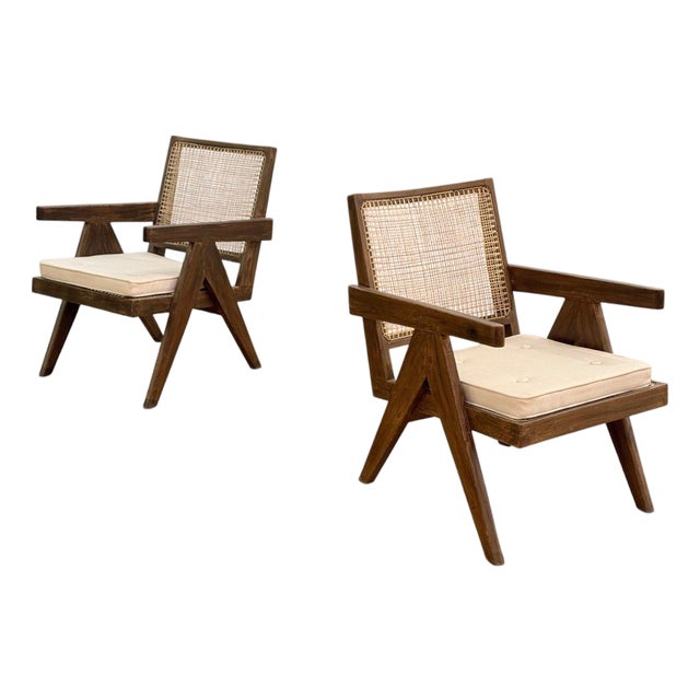 Pierre Jeanneret, Teak, Cane, Low Easy Chairs, Chandigarh, India C. 1960s For Sale