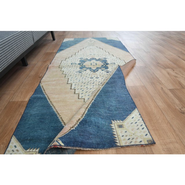 1970s Vintage Turkish Handmade Wool Cotton Blue Area Rug For Sale - Image 4 of 11