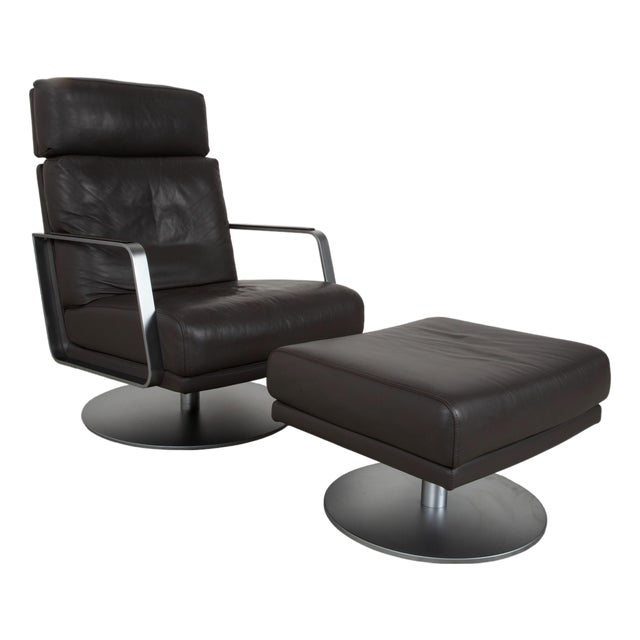 Set of Armchair and Ottoman in Black Leather from Rolf Benz For Sale